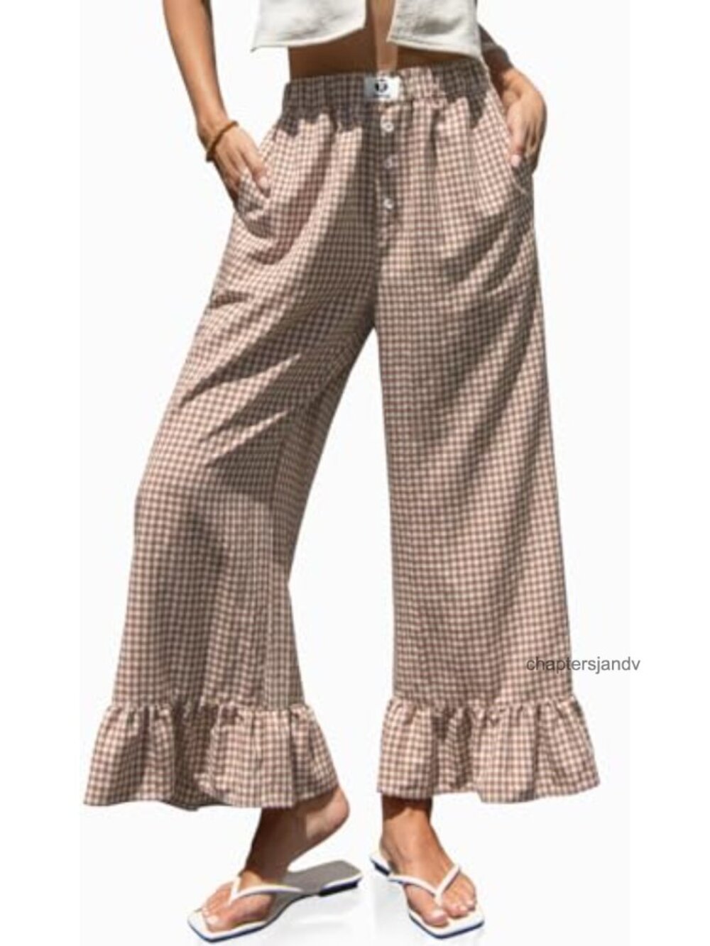 Womens Wide Leg Gingham Ruffle Hem High Waist Drawstring Ankle Pants